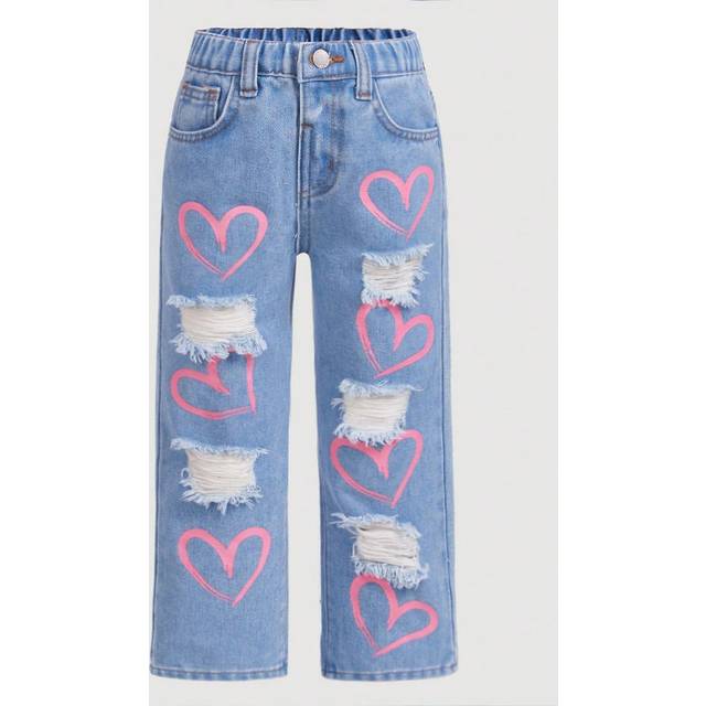 SHEIN Young Girl Washed Blue Y2K Style Pink Leaf Distressed Straight-Leg Jeans