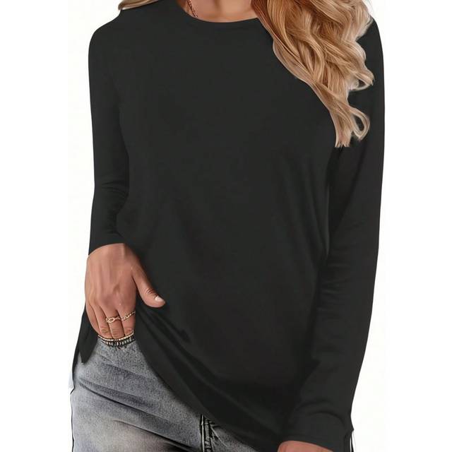 Kvinnors Plus Storlek Enfärgad Runda Hals Lång Ärm T-shirts - Svart (0XL,1XL,2XL,3XL,4XL)