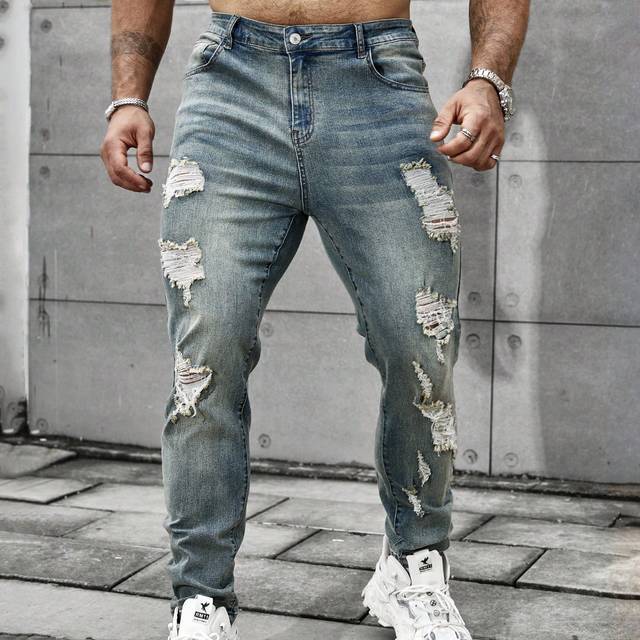 Manfinity Men&#39;s Plus Size Distressed Vintage Denim Jeans Slim Fit Long Ripped Frayed Jean Cargo Plain Teal Going Out Street Wear