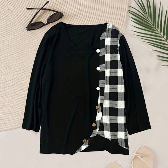 SHEIN Women&#39;s Plus Size Plaid & Printed Splicing Long Sleeve T-Shirt