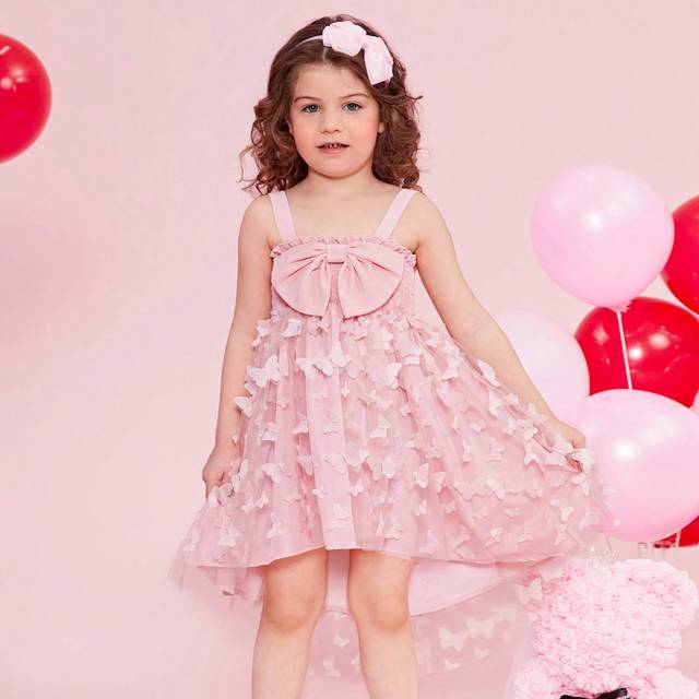 SHEIN Girls&#39; Mesh Butterfly & Flower With Big Bowknot Decorated Cami Dress, Sibling Outfits (2 Pieces Are Sold Separately)