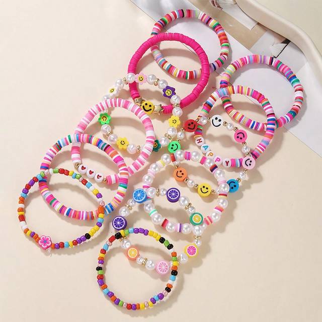 SHEIN 1 Set Of 12pcs Women&#39;s Multicolor Elastic Stretch Bracelet With Face, Letter, Heart, Fruit, Flower, Soft Clay, Faux Pearl, Plastic Beads. Suitable For