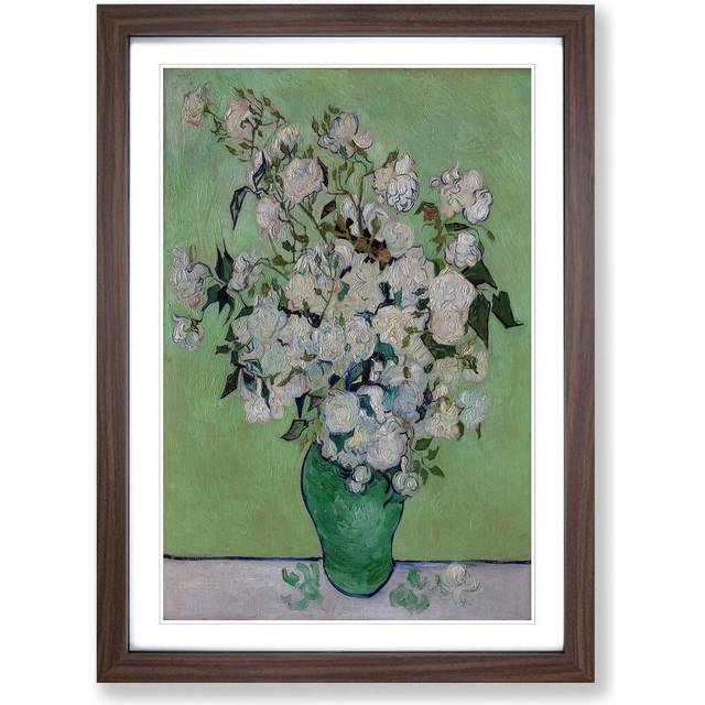 'White Roses' by Vincent Van Gogh Framed Painting Print - Walnut (62cm H X 45cm W)
