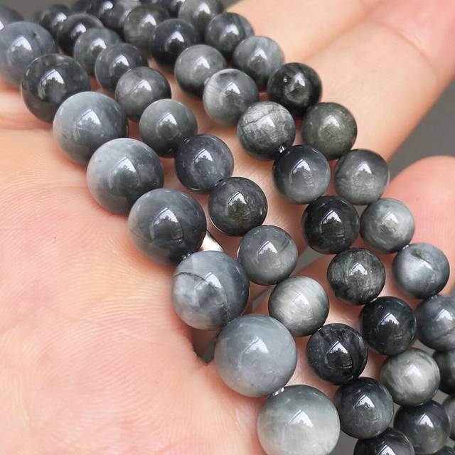 A+ Natural Gem Gray Hawk's Eye Stone Smooth Round Loose Spacer Beads For Jewelry Making Beads 6 8 10 12mm 7.5Inches Diy Bracelet