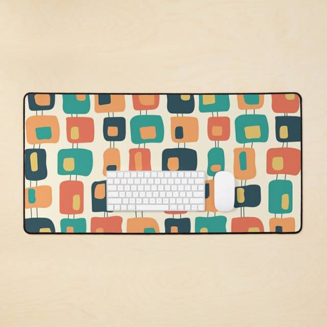 Desk Mat Funky Retro Squares Pattern Charcoal, Teal, Orange and Yellow Large Gaming Mouse Pad 35x16 inch
