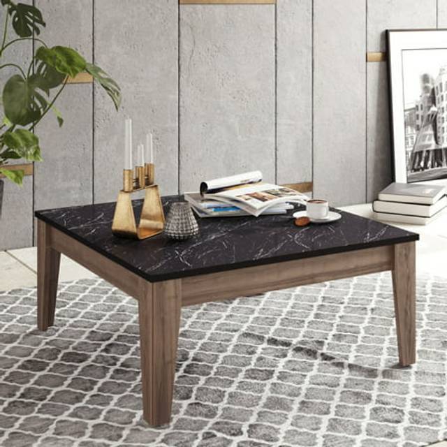 Decorotika Lorenz Marble Effect Coffee Table For Living Room Modern Design - Black Marble Effect And Walnut, Multi