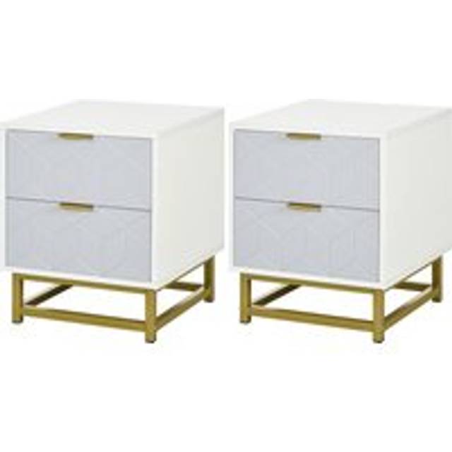 Homcom Bedside Table With 2 Drawers, Side Table, Bedside Cabinet With Steel Frame, Set Of 2, Grey And White