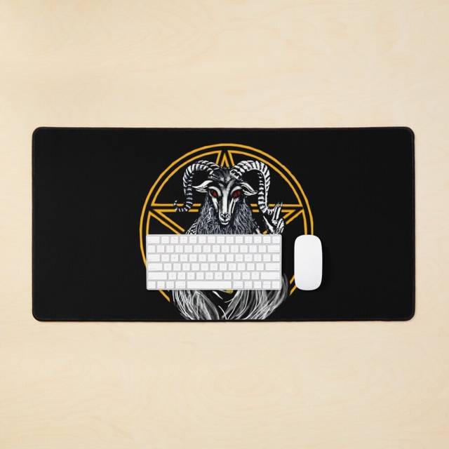 Desk Mat Gothic Demon Devil Goat, Yellow pentigram and spell book  Large Gaming Mouse Pad 35x16 inch