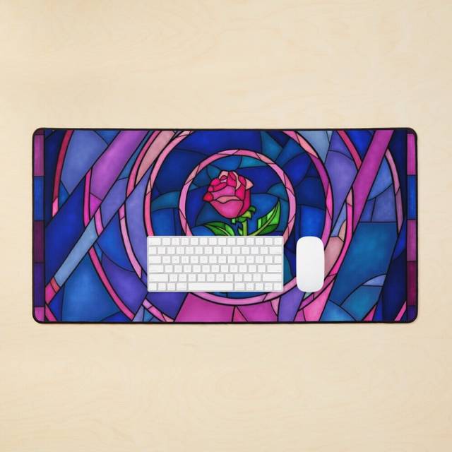 Desk Mat A Single Rose in the Stained Glass Window Large Gaming Mouse Pad 35x16 inch