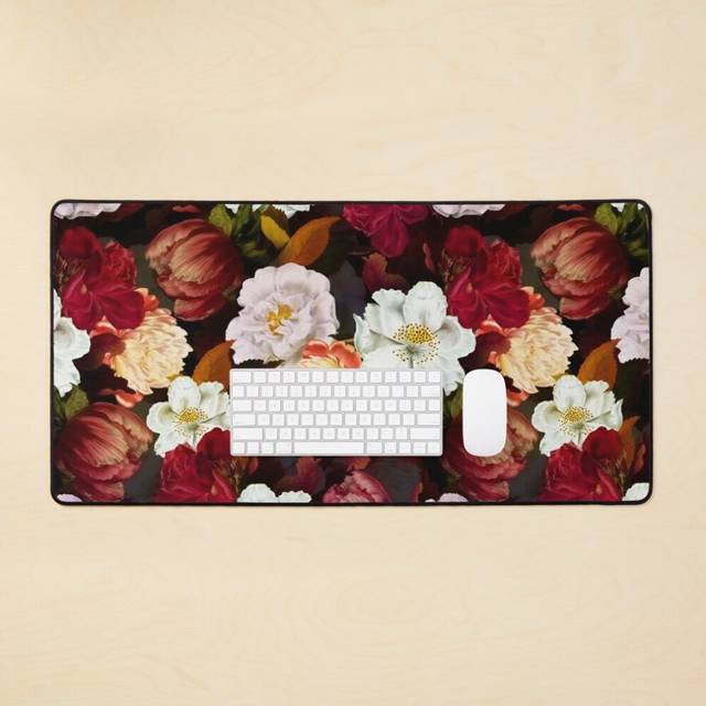 Desk Mat Antique Midnight Botanical Flower Rose Garden Large Gaming Mouse Pad 35x16 inch
