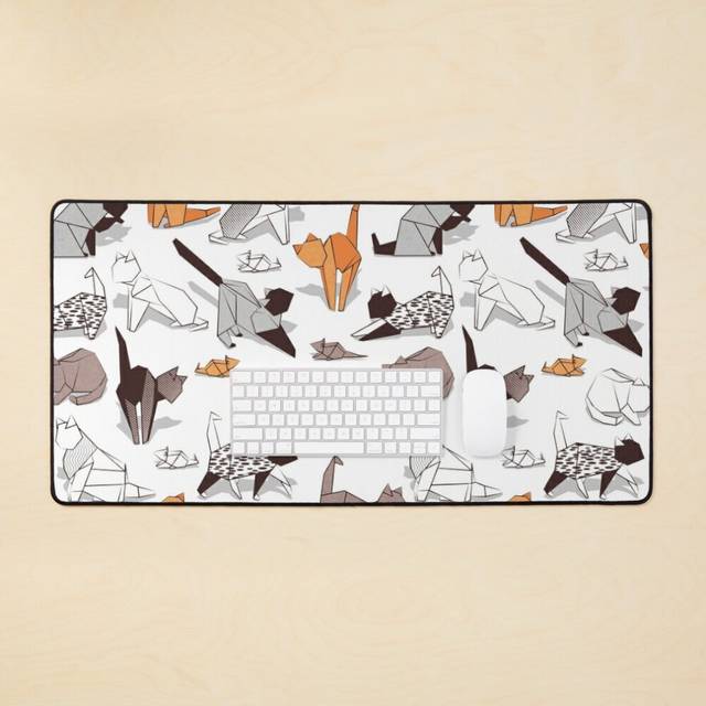 Desk Mat Origami kitten friends white paper cats Large Gaming Mouse Pad 35x16 inch