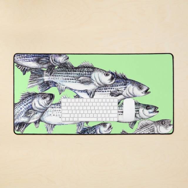 "Desk Mat Neon Striped Bass Ink Illustration ""Old School""  Large Gaming Mouse Pad 35x16 inch"