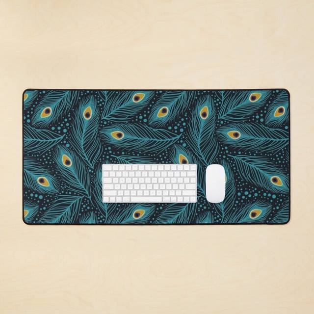 Desk Mat Feather Fantasy. Peacock feathers Large Gaming Mouse Pad 35x16 inch