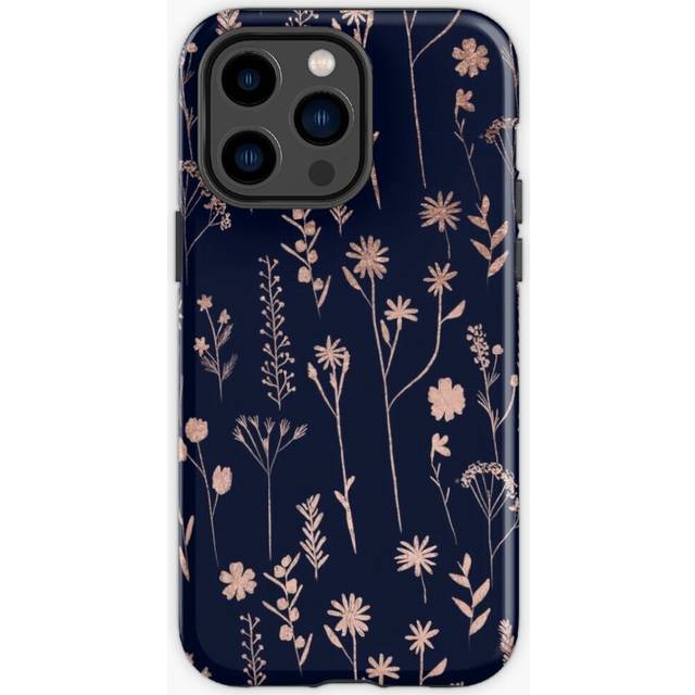 Phone Case Hand drawn rose gold cute dried pressed flowers navy blue for iPhone Samsung 14 13 12 11 Plus Pro Max Galaxy S23 S22 Ultra Note 20 10