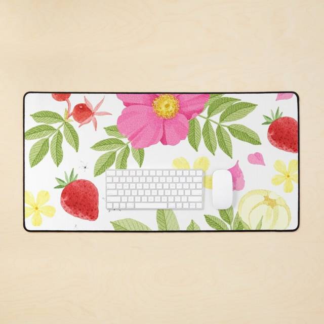 Desk Mat watercolor painting, Flowers strawberry decorative pattern material Large Gaming Mouse Pad 35x16 inch