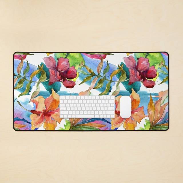 Desk Mat Pattern with exotic flowers. Watercolor. Tropical flowers. Large Gaming Mouse Pad 35x16 inch