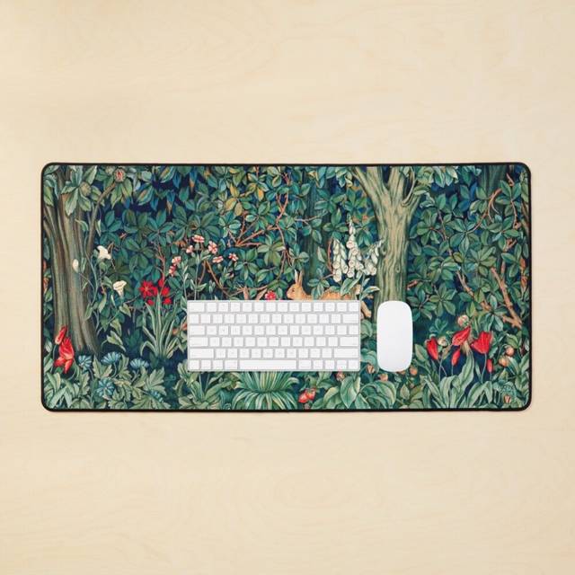 Desk Mat GREENERY, FOREST ANIMALS Hares Blue Green Red Floral Tapestry Large Gaming Mouse Pad 35x16 inch