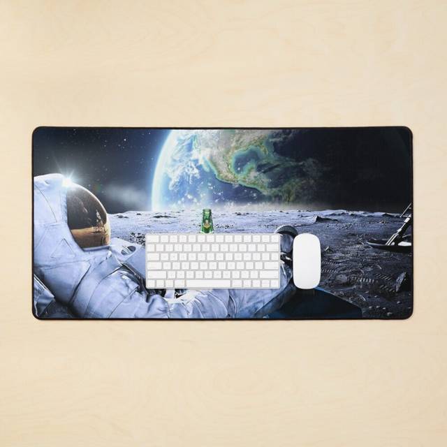 Desk Mat Astronaut on the Moon with beer, Large Gaming Mouse Pad 35x16 inch