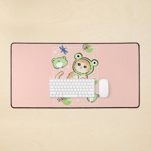 Desk Mat Kawaii Toads and Cat with Frog Hat Japanese Retro 90s Cottagecore Aesthetic - Funny Frogge Kitten Costume Large Gaming Mouse Pad 35x16 inch