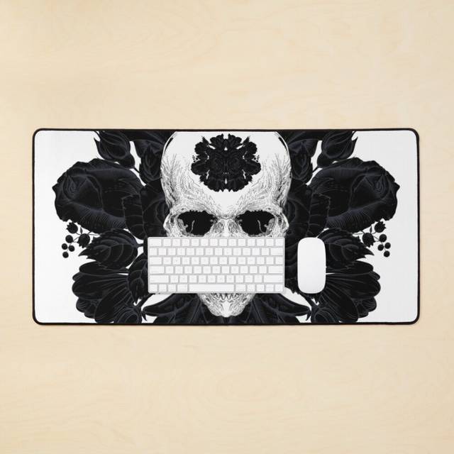 Desk Mat BLACK AND WHITE BAROQUE STYLE FLORAL SKULL TATTOO-GOTHIC STYLE BLACK ORNAMENTAL ROSE PATTERN Large Gaming Mouse Pad 35x16 inch