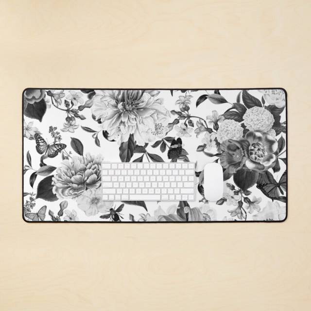 Desk Mat Floral Botanical Pattern - Monochrome Large Gaming Mouse Pad 35x16 inch
