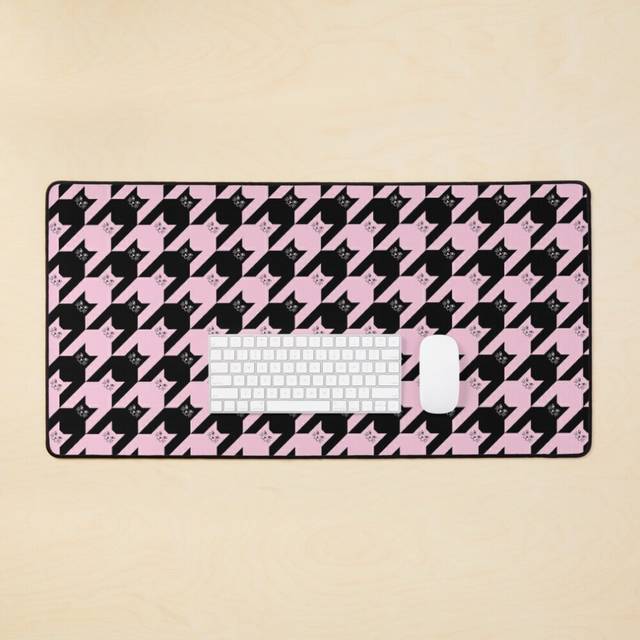 Desk Mat Catstooth Black and Pink Cat Houndstooth Pattern Large Gaming Mouse Pad 35x16 inch