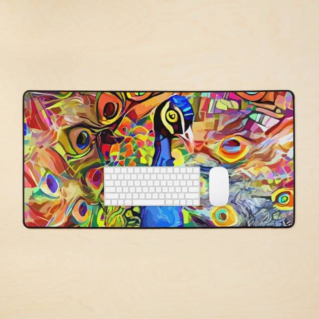 Desk Mat Vibrant Abstract Impressionist Peacock Portrait Painting Large Gaming Mouse Pad 35x16 inch