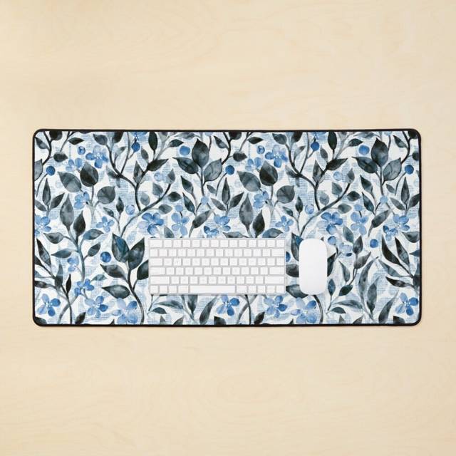 Desk Mat Leaves and Blooms in Charcoal and Blueberry Large Gaming Mouse Pad 35x16 inch