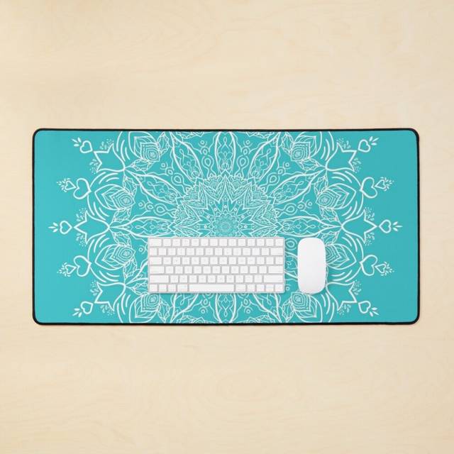 Desk Mat Teal Blue Tulip Flourish Boho Mandala Large Gaming Mouse Pad 35x16 inch