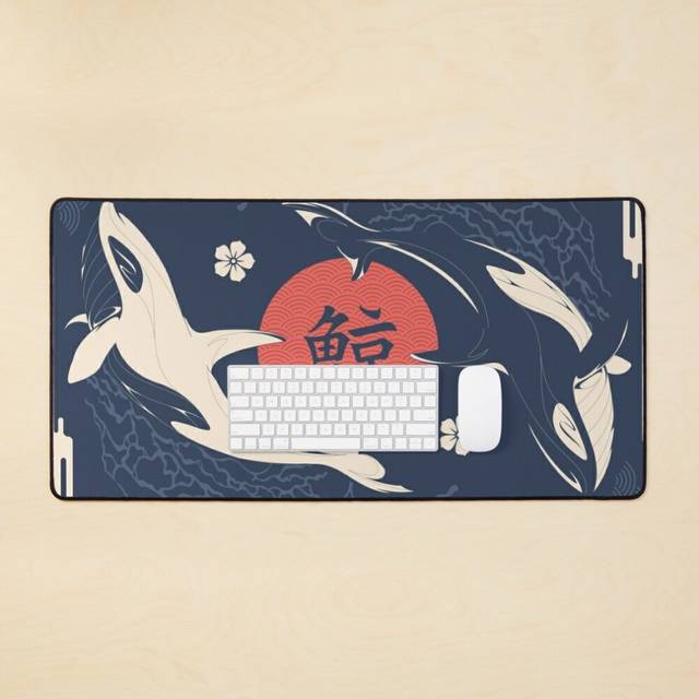 Desk Mat Minimalist Aesthetic Yin Yang Orca Whale Japanese Art Large Gaming Mouse Pad 35x16 inch