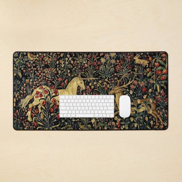 Desk Mat Medieval Unicorn Midnight Floral Tapestry Large Gaming Mouse Pad 35x16 inch