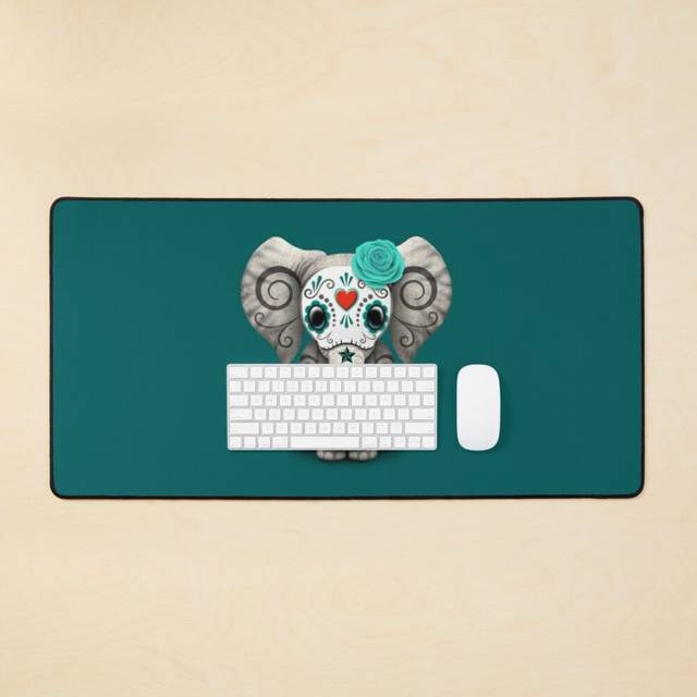 Desk Mat Teal Blue Day of the Dead Sugar Skull Baby Elephant Large Gaming Mouse Pad 35x16 inch