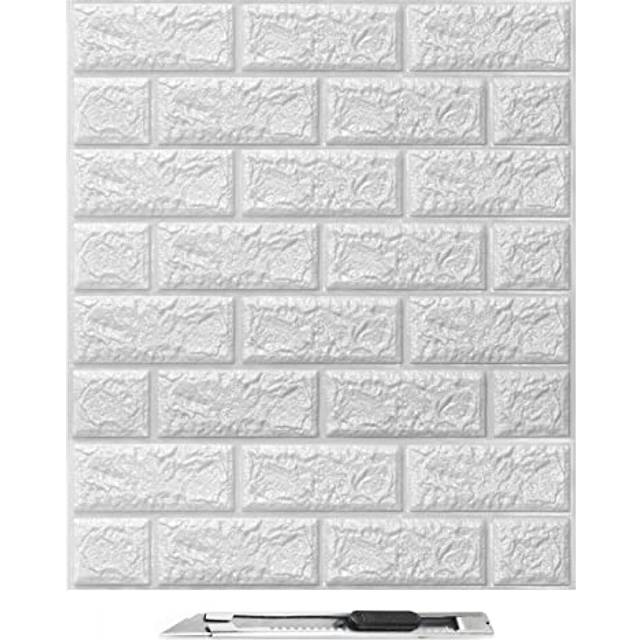 10Pcs 3D Brick Wallpaper in White, Faux Foam Brick Wall Panels Peel and Stick, Waterproof for Bedroom, Living Room, and Kitchen Decor (14.5 Sq.Ft)