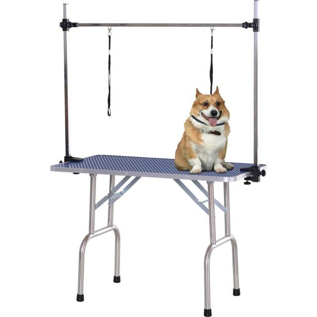 PawHut Metal Adjustable Dog Grooming Table Rubber Top 2 Safety Slings Mesh Blue | TJ Hughes