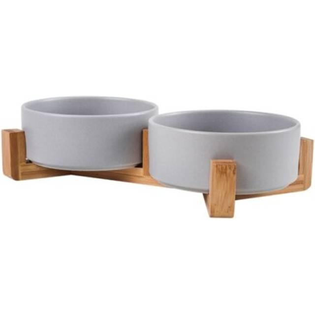 (GREY) Pet Bowl Dish With Wood Stand No Spill Pet Ceramic Double Bowl For Dog Cat Food Water Feeder
