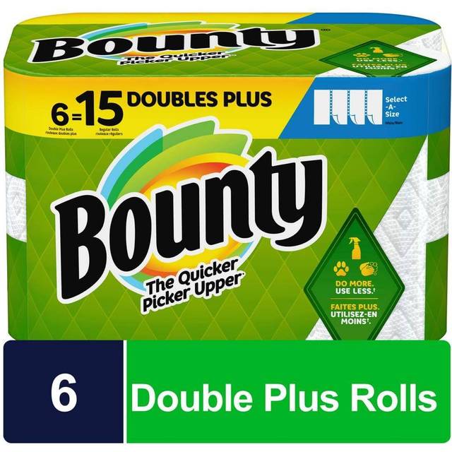 Bounty SelectASize Paper Towels  6 Double Rolls  White  90 Sheets Per Roll