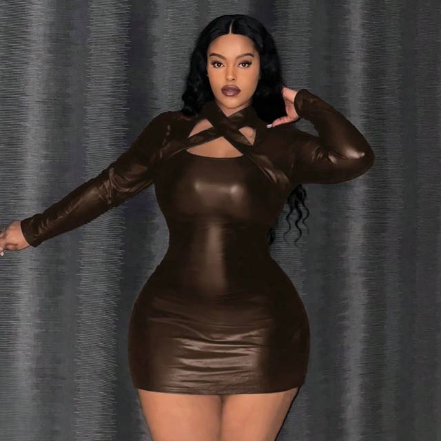 Slaydiva Plus Size Women&#39;S Pu Cross V-Neck Bodycon Dress