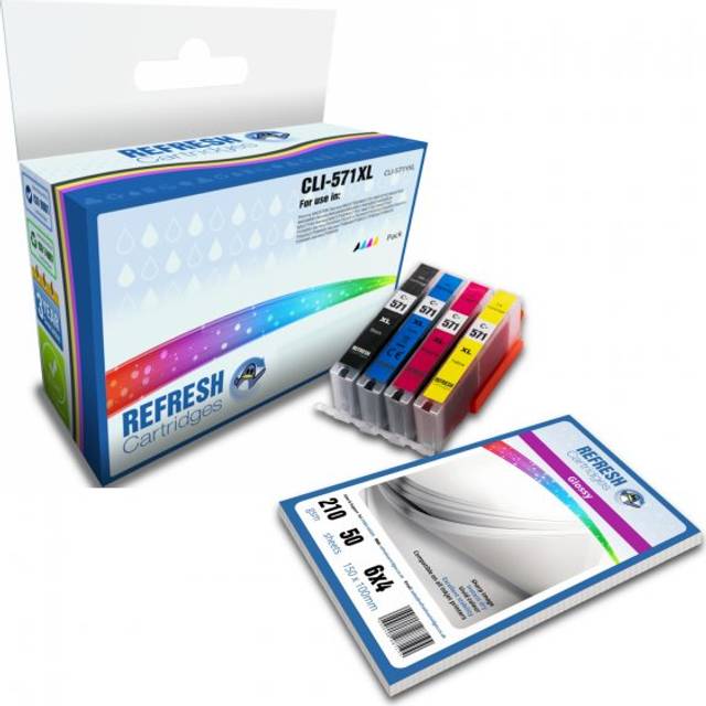 Compatible Colour Valuepack of CLI-571XL BK/C/M/Y XL (0332C005) 4x Ink Cartridges & 210gsm Photo Paper Replacements for Canon Printers