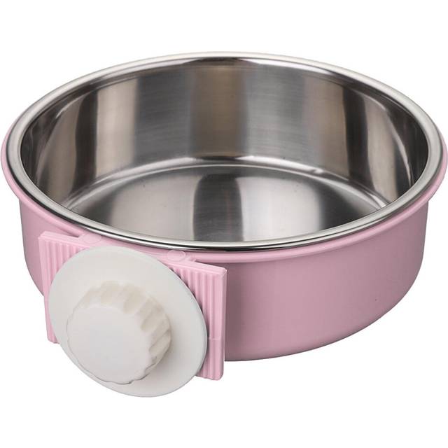 (Pink, L) Stainless Steel Dog Cat Bird Puppy Pet Hanging Cage Bowl Feeding Water Food