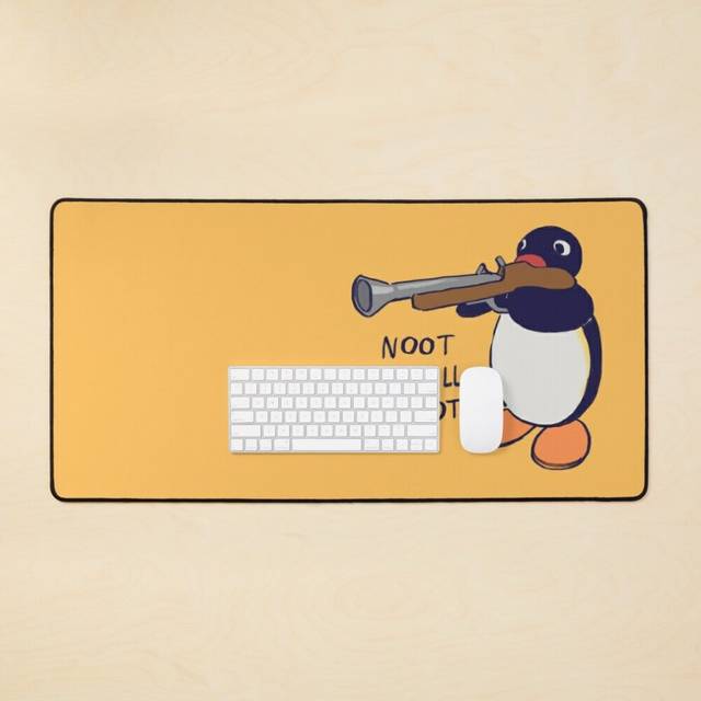 Desk Mat I draw gun penguin meme / noot or i'll shoot text Large Gaming Mouse Pad 35x16 inch