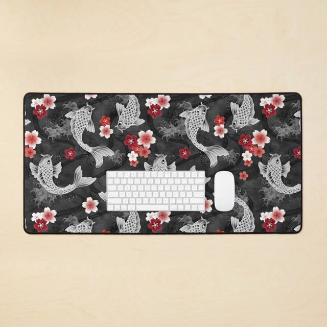 Desk Mat Koi sakura blossom in black Large Gaming Mouse Pad 35x16 inch