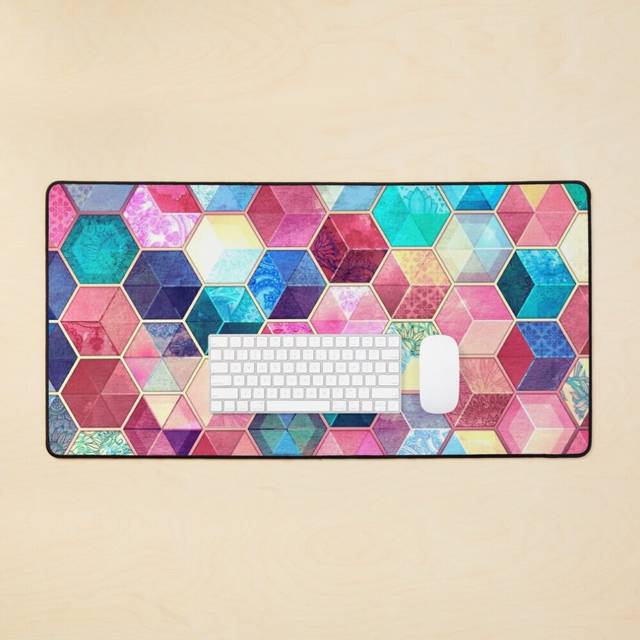 Desk Mat Topaz Ruby Crystal Honeycomb Cubes Large Gaming Mouse Pad 35x16 inch