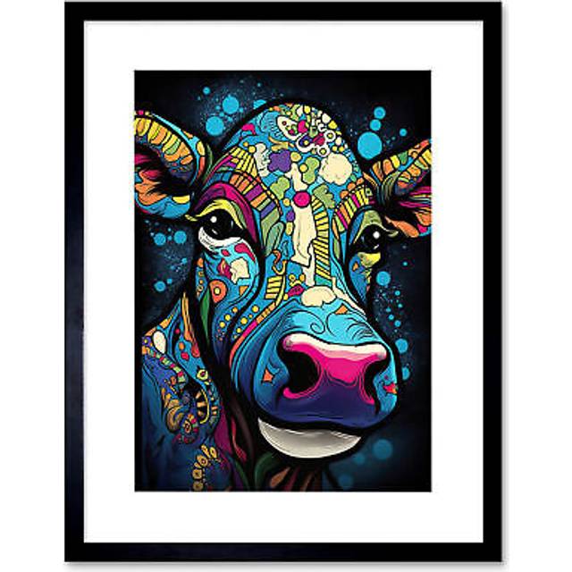 Wall Art Print Psychedelic Pattern Cow Acrylic Painting Colourful Folk Portrait Modern Pop Artwork Framed 9X7 Inch - Black - W7 inch x H9 inch