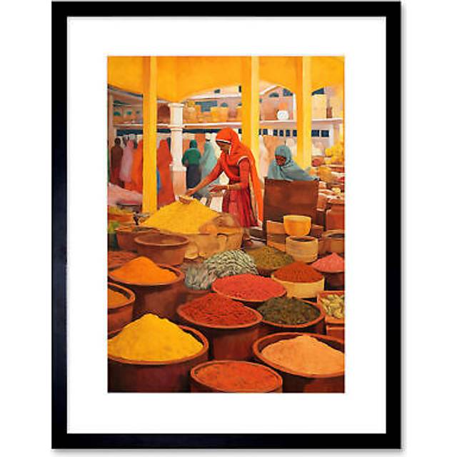 Wall Art Print The Spice Market Herbs and Spices Colourful Kitchen Artwork Framed 9X7 Inch - Black - W7 inch x H9 inch
