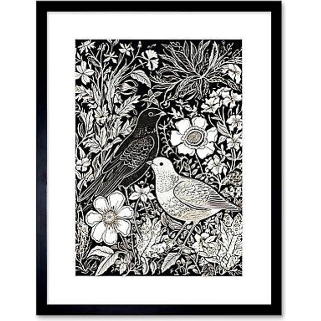 Wall Art Print Birds on Flower Bed Garden Black and White Linocut Artwork Framed 9X7 Inch - W7 inch x H9 inch
