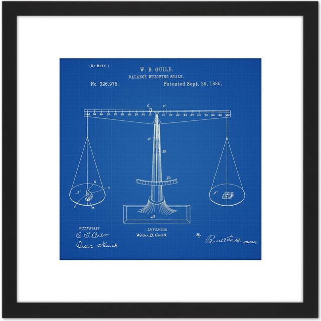 Guild Balance Weighing Measuring Scale Vintage 1885 Patent Plan 8X8 Inch Square Wooden Framed Wall Art Print Picture with Mount - Black - One Size