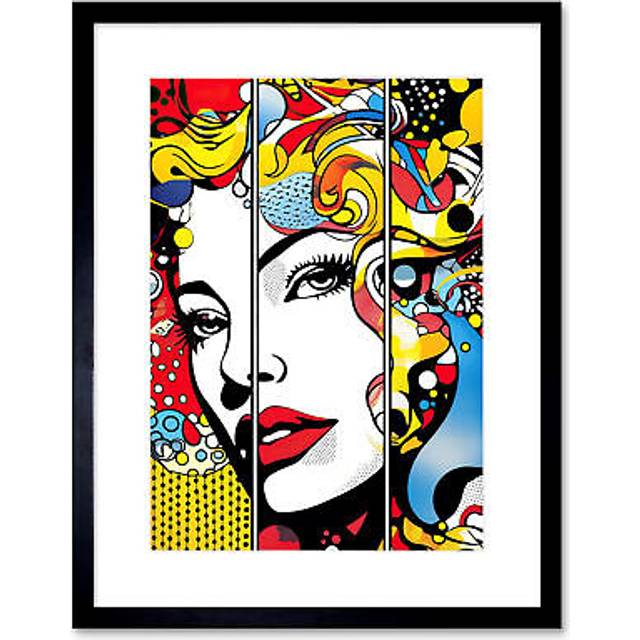 Wall Art Print Teen Girl Comic Book Style Vibrant Patterns Abstract Triptych Portrait Bedroom Artwork Framed 9X7 Inch - Black - W7 inch x H9 inch