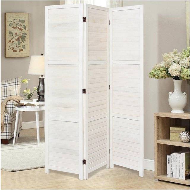 Folding Solid Wood Room Divider Privacy Screen - White - One Size