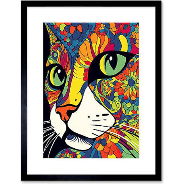Wall Art Print Psychedelic Portrait Cat Acrylic Painting Close Up Vivid Mandala Patterns Artwork Framed 9X7 Inch - Black - W7 inch x H9 inch