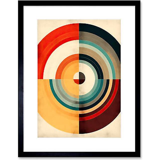 Wall Art Print Concentric Circles Bauhaus Style Minimal Colourful Vintage Artwork Framed 9X7 Inch - Black - W7 inch x H9 inch